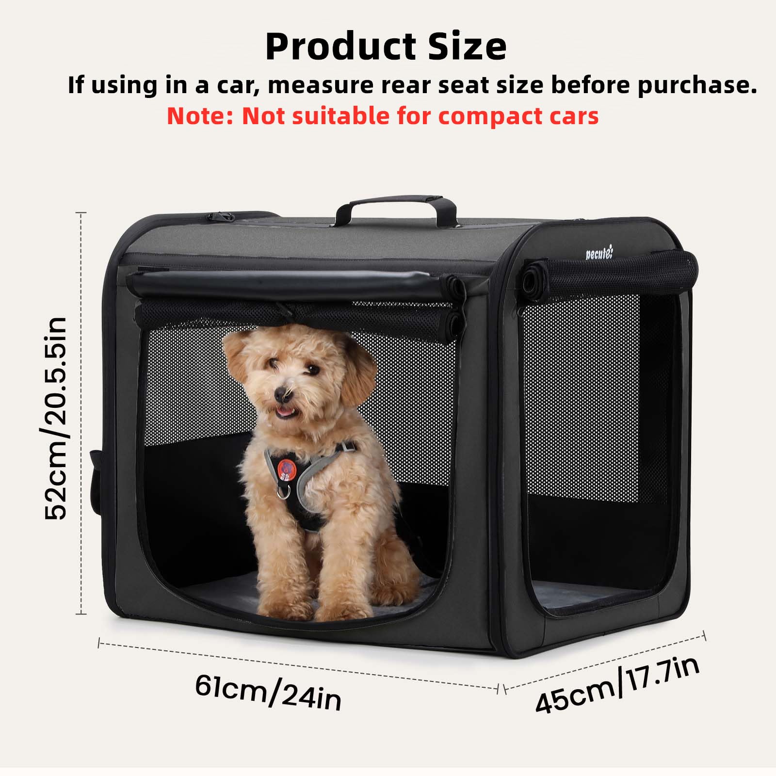 Pecute dog car carrier dark gray matches cars and travel gear.