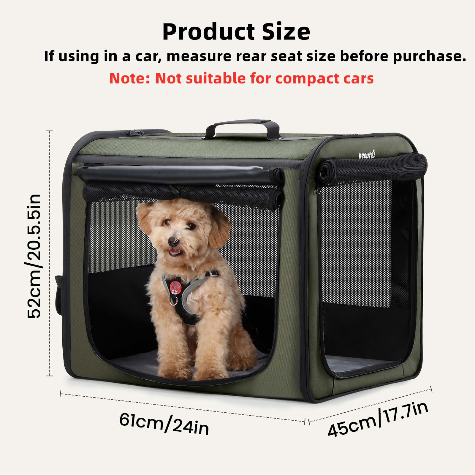 Pecute dog car crate shows easy-assembly visuals for quick setup during road trips