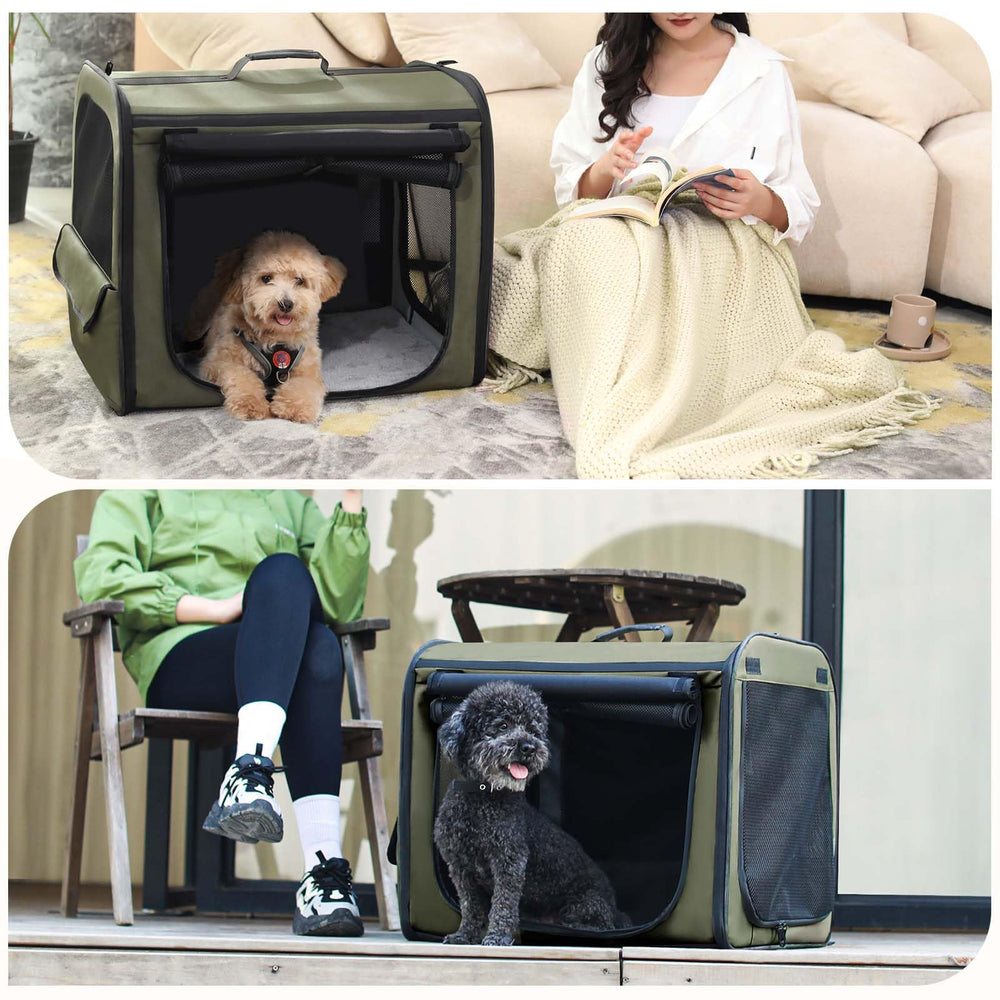 Pecute dog car crate-portable-indoors-outdoors demonstrates versatile use in home and travel