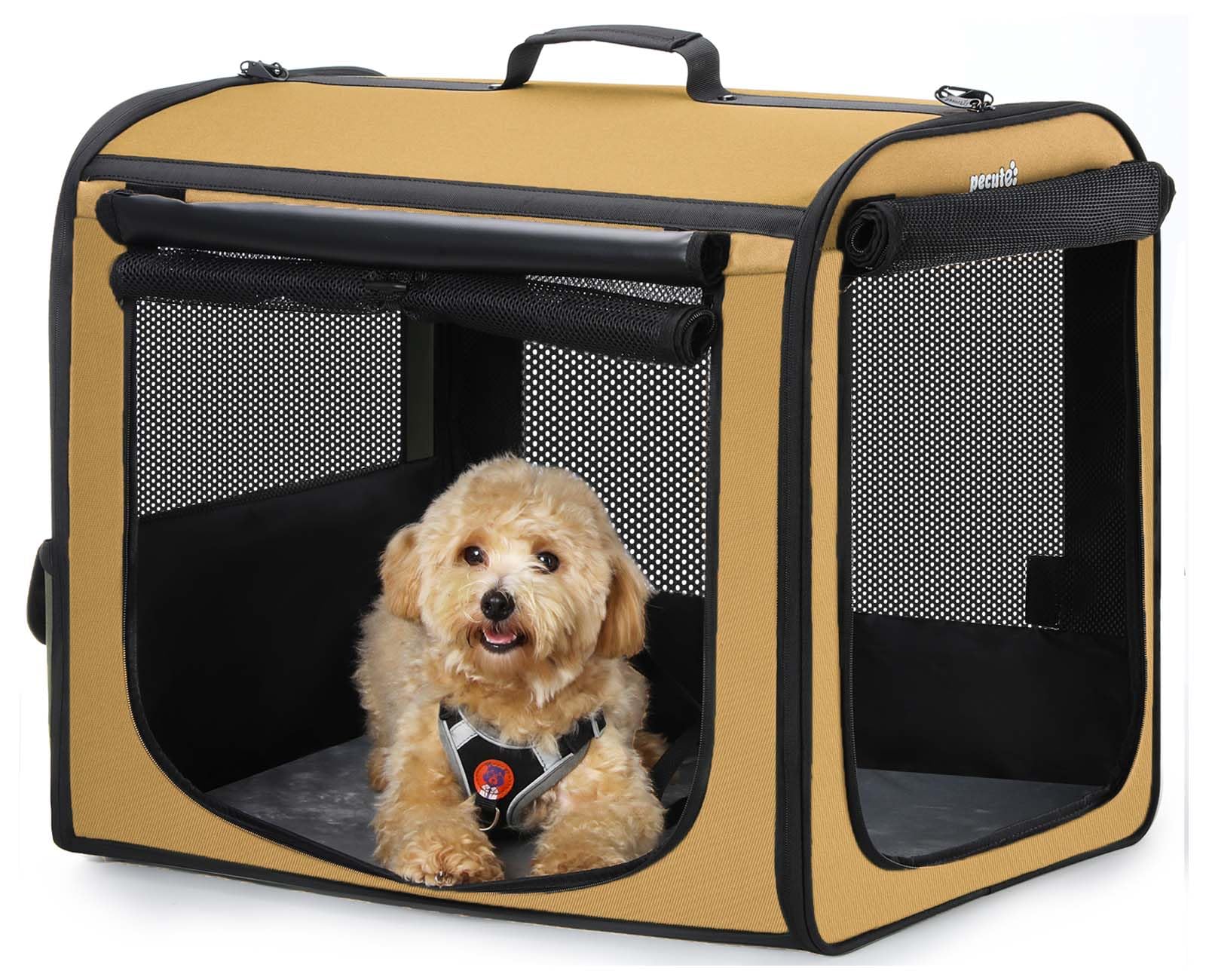 Pecute dog car crate showcases spacious dimensions for comfortable travel with medium dogs.