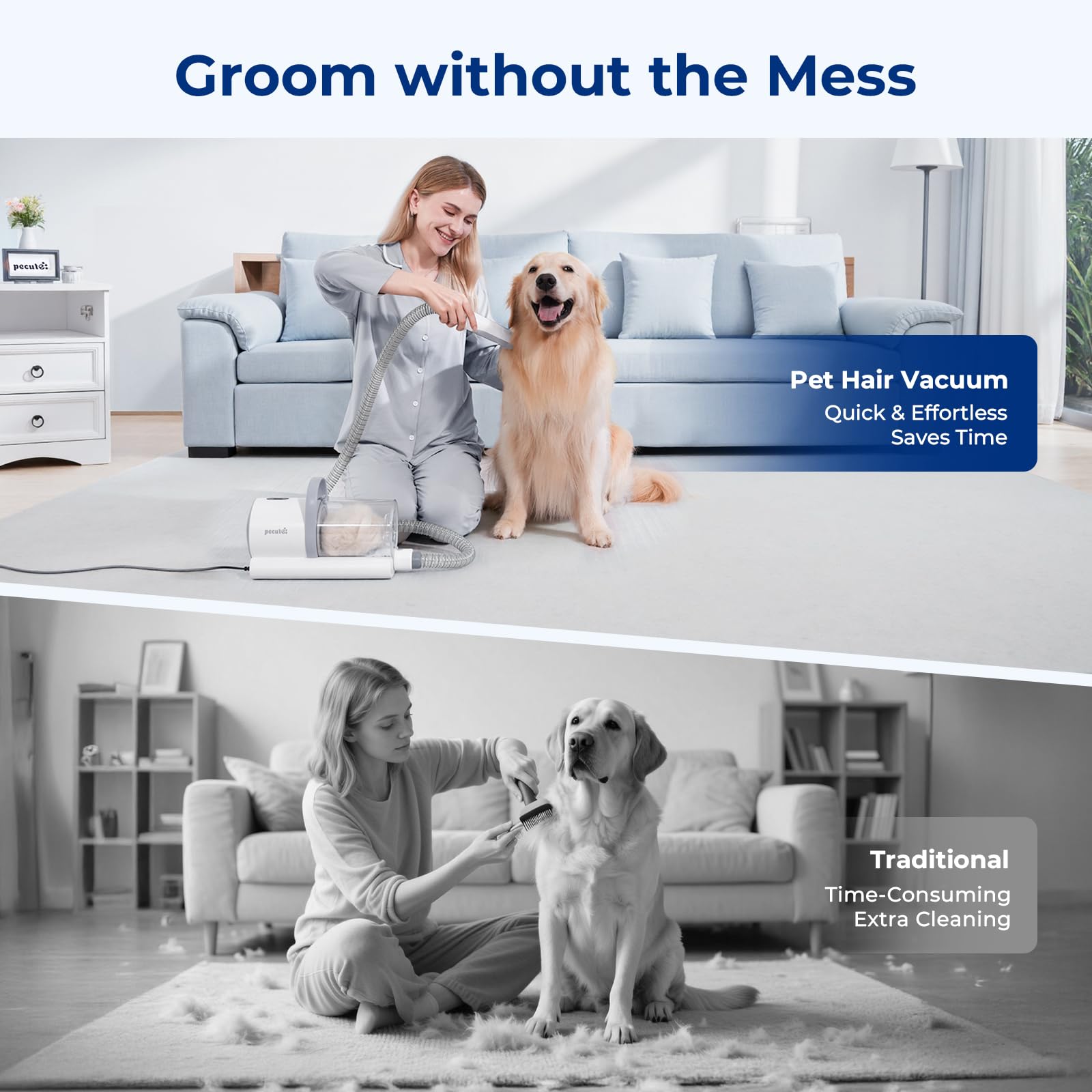 Pecute vacuum with clipper attachments enables precise trimming and efficient fur collection.
