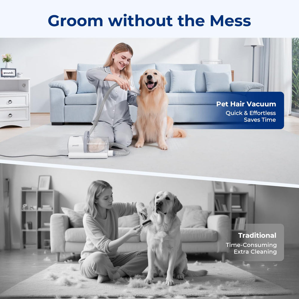 Pecute vacuum with clipper attachments enables precise trimming and efficient fur collection.