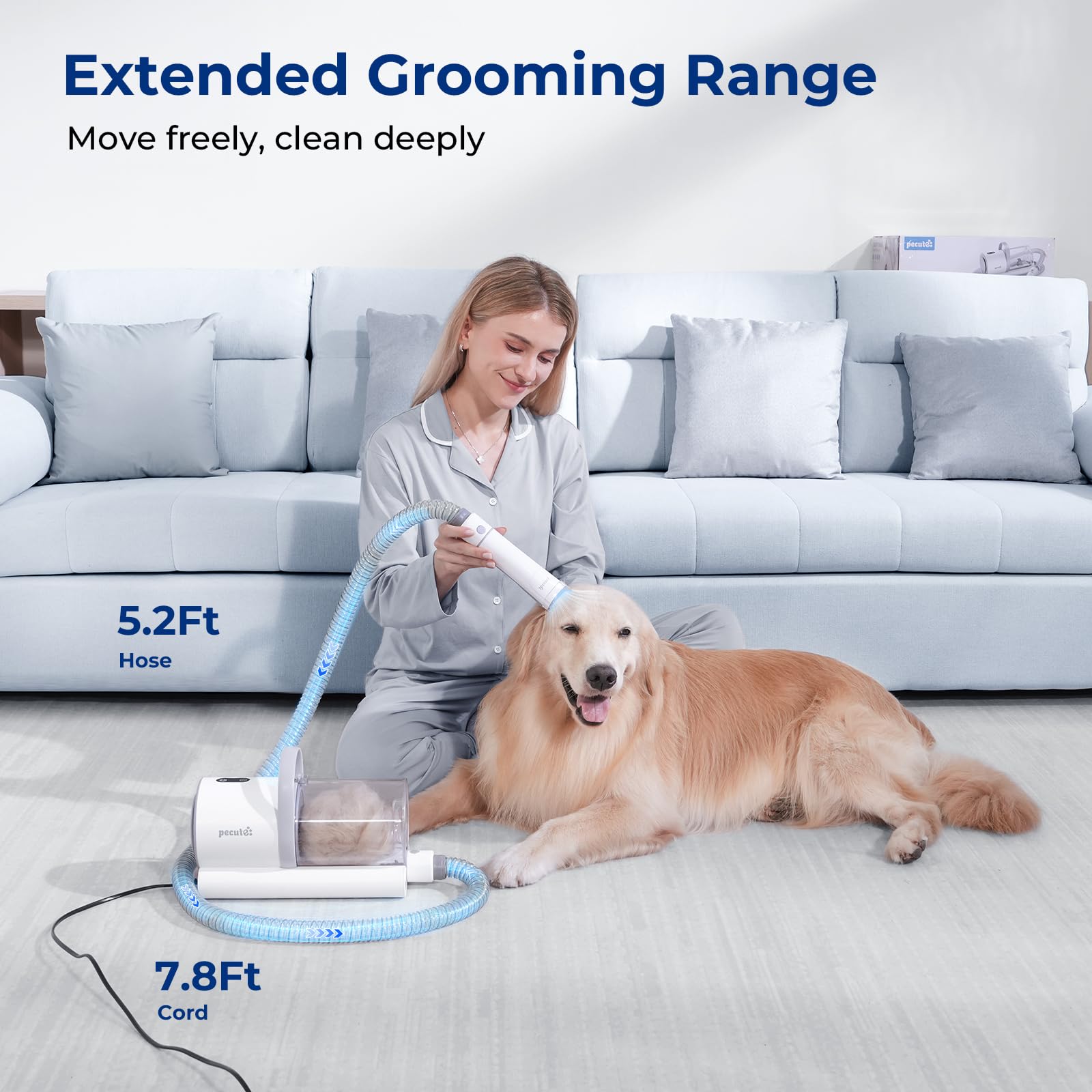 Pecute vacuum includes storage pocket for organizing grooming accessories.