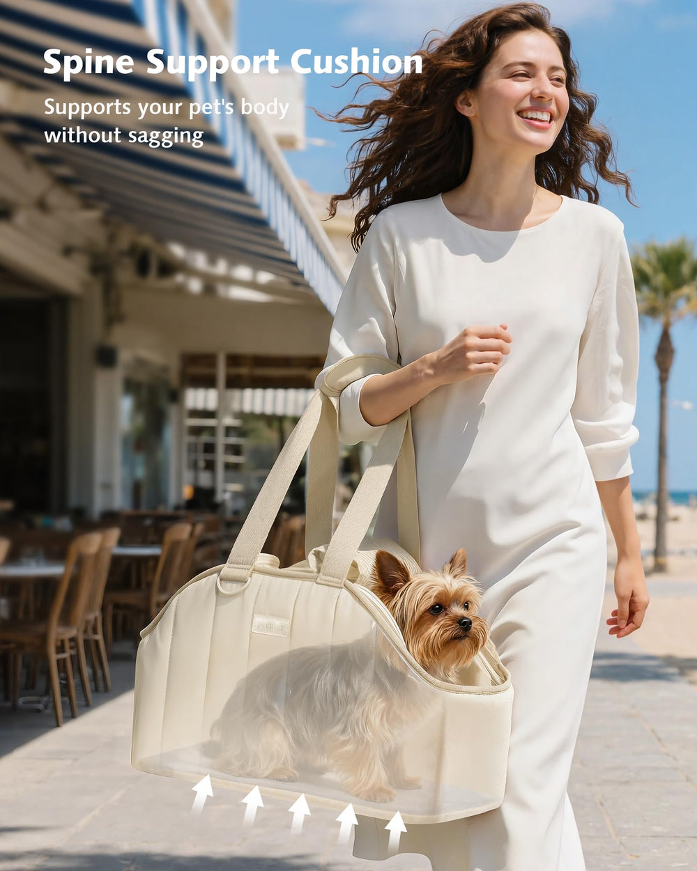 Pecute dog purse carrier airflow image highlights top mesh for cooling.