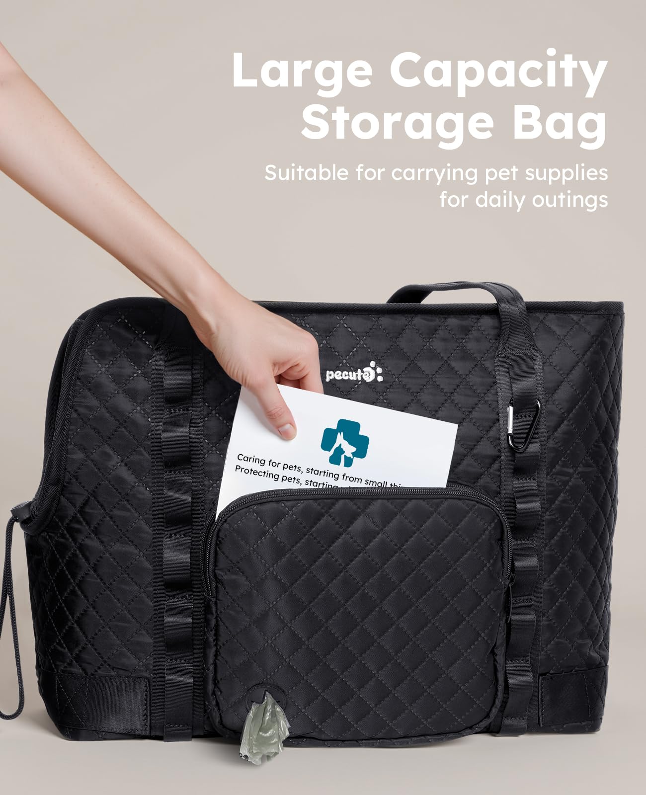 Pecute dog purse carrier back pocket doubles as extra storage during trips.