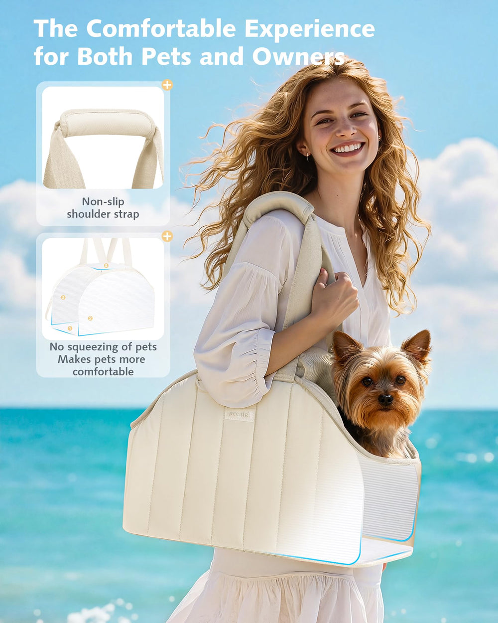 Pecute dog purse carrier back view demonstrates ergonomic wear and airflow.