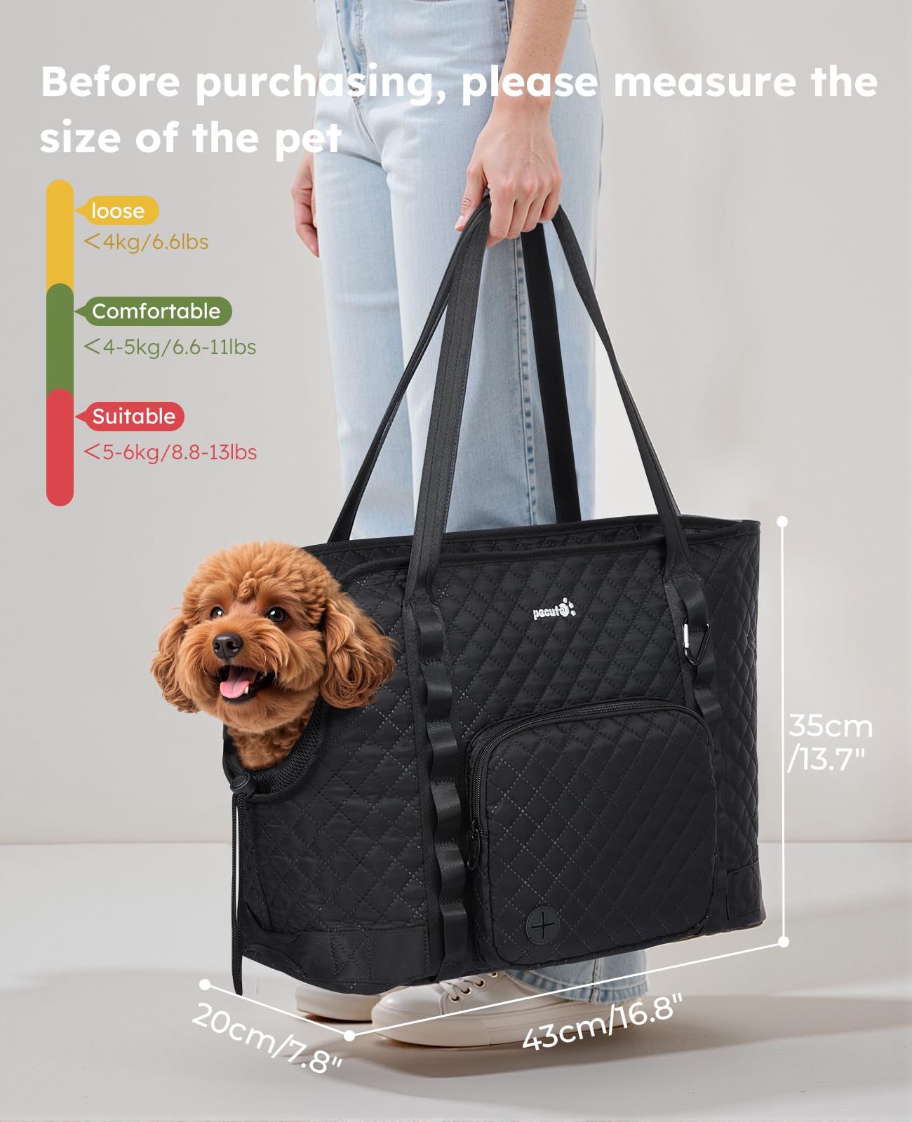 Pecute dog purse carrier underarm carry for hands-free trips.