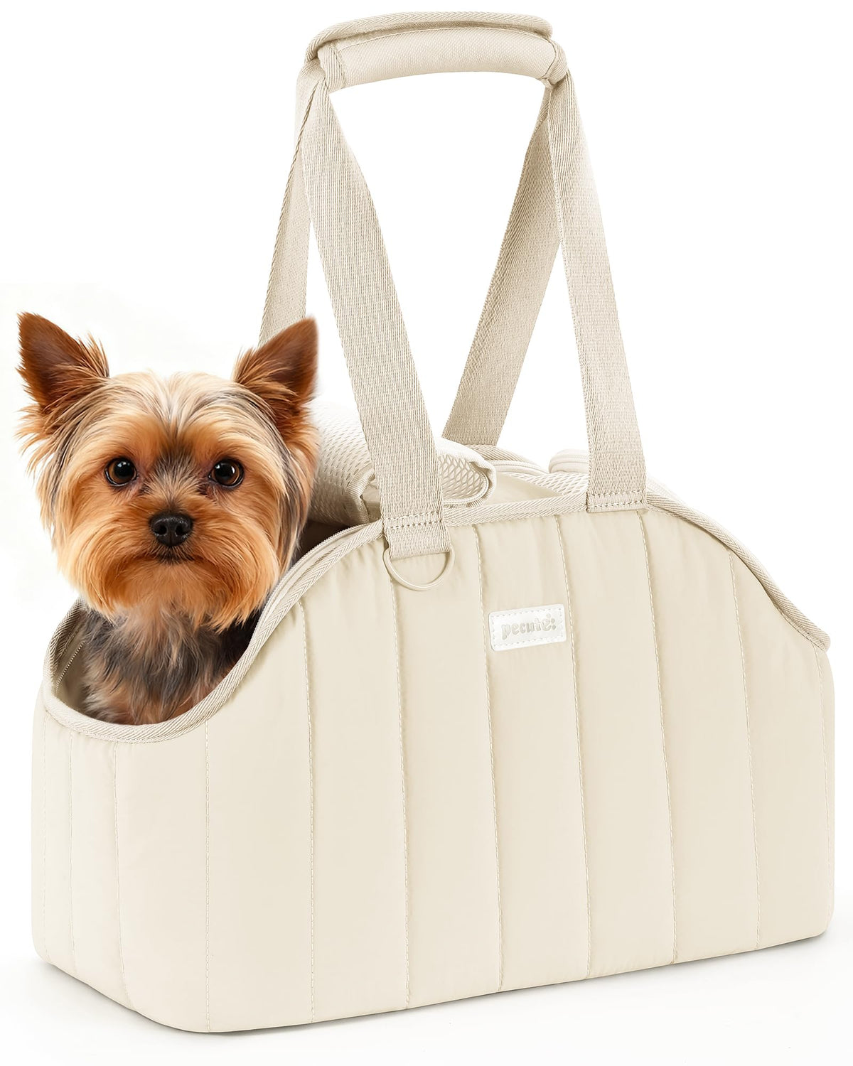 Pecute dog purse carrier front view highlights breathable mesh for comfort on walks.
