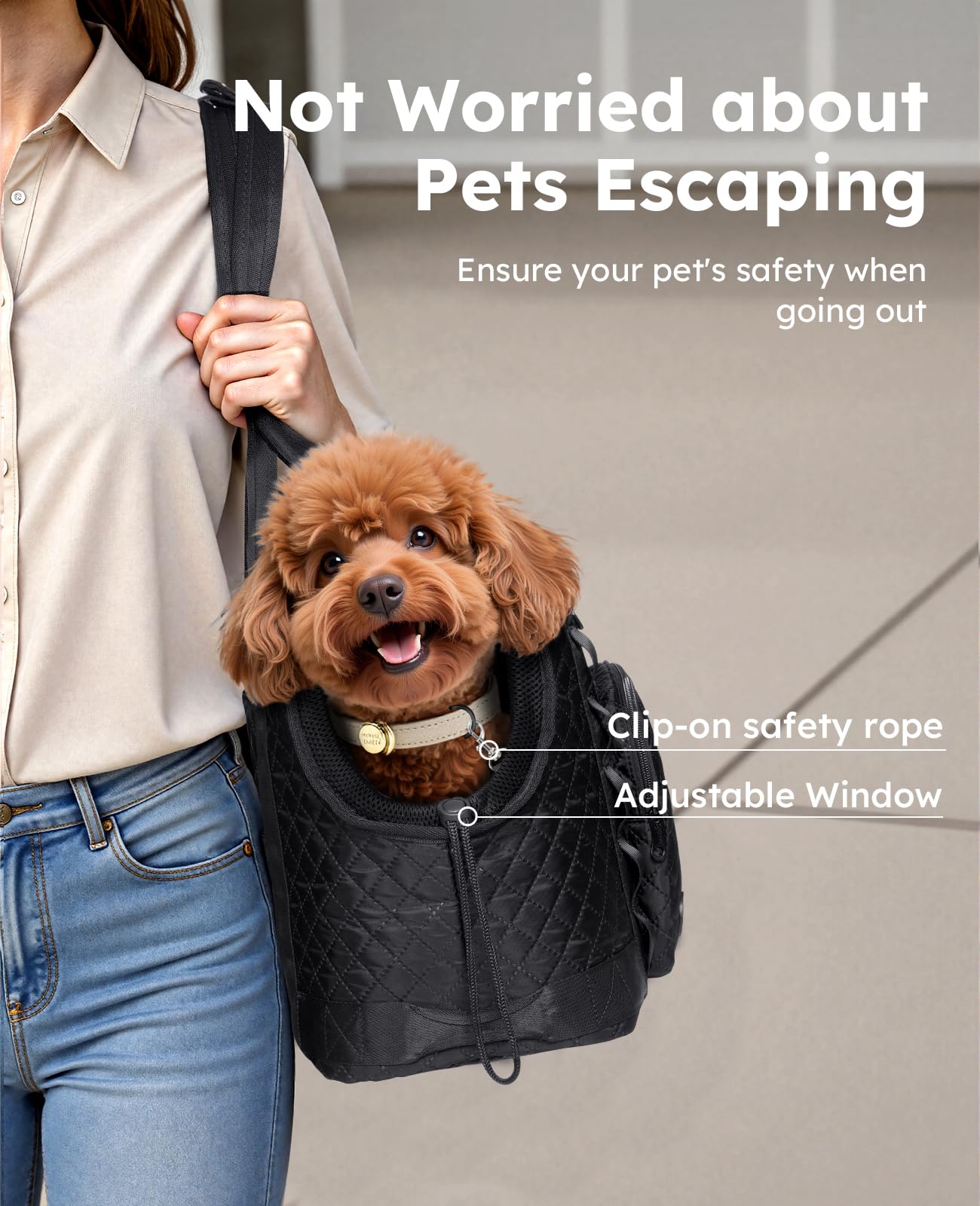 Pecute dog purse carrier top view highlights safety cord for secure travel.