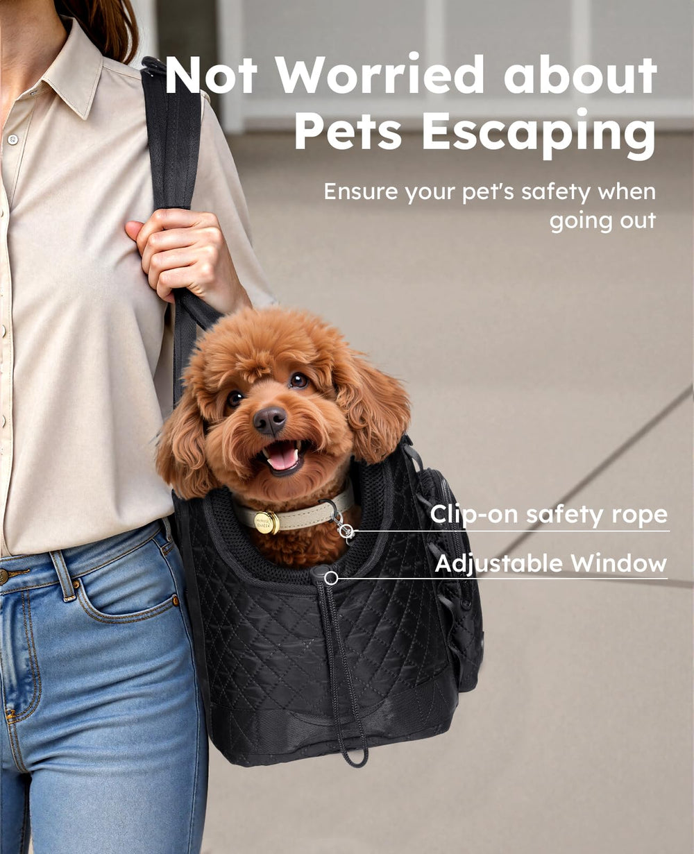 Pecute dog purse carrier top view highlights safety cord for secure travel.