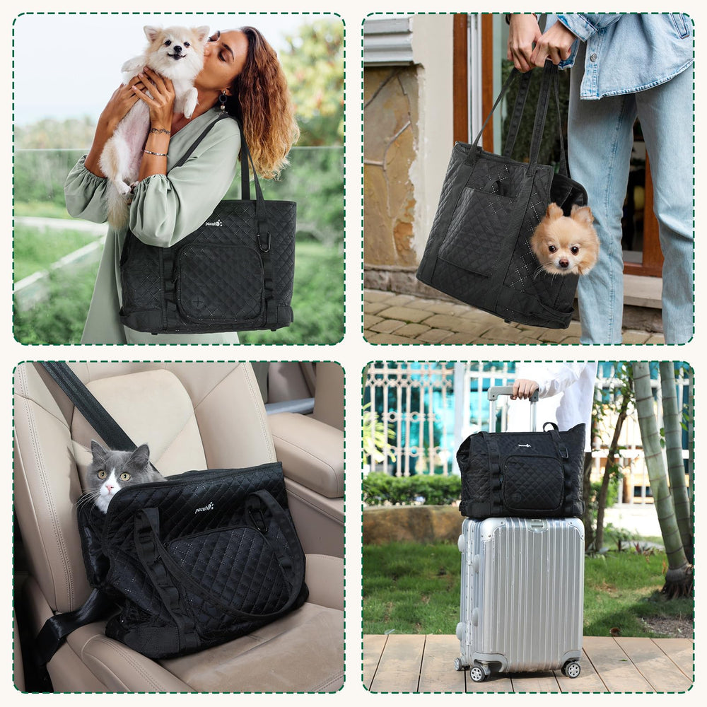 Pecute dog purse carrier safety cord illustrating escape prevention during outings