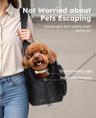 Pecute dog purse carrier top view highlights safety cord for secure travel.