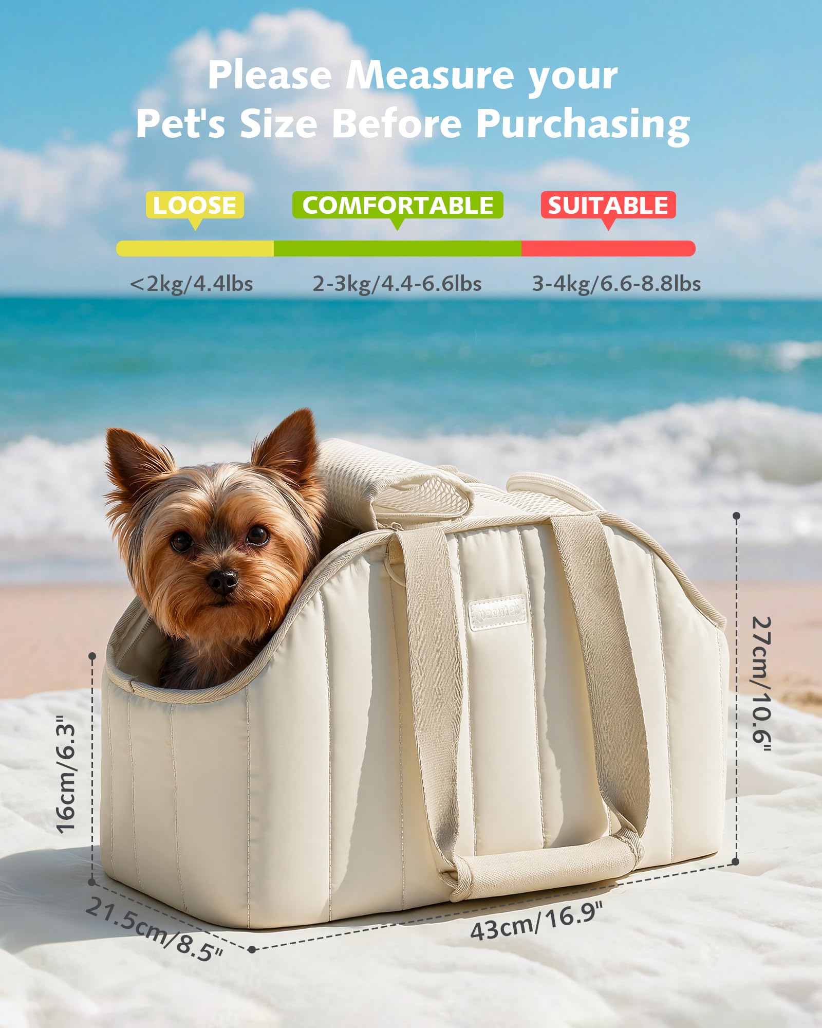 Pecute dog purse carrier side pocket view shows large pockets for essentials.