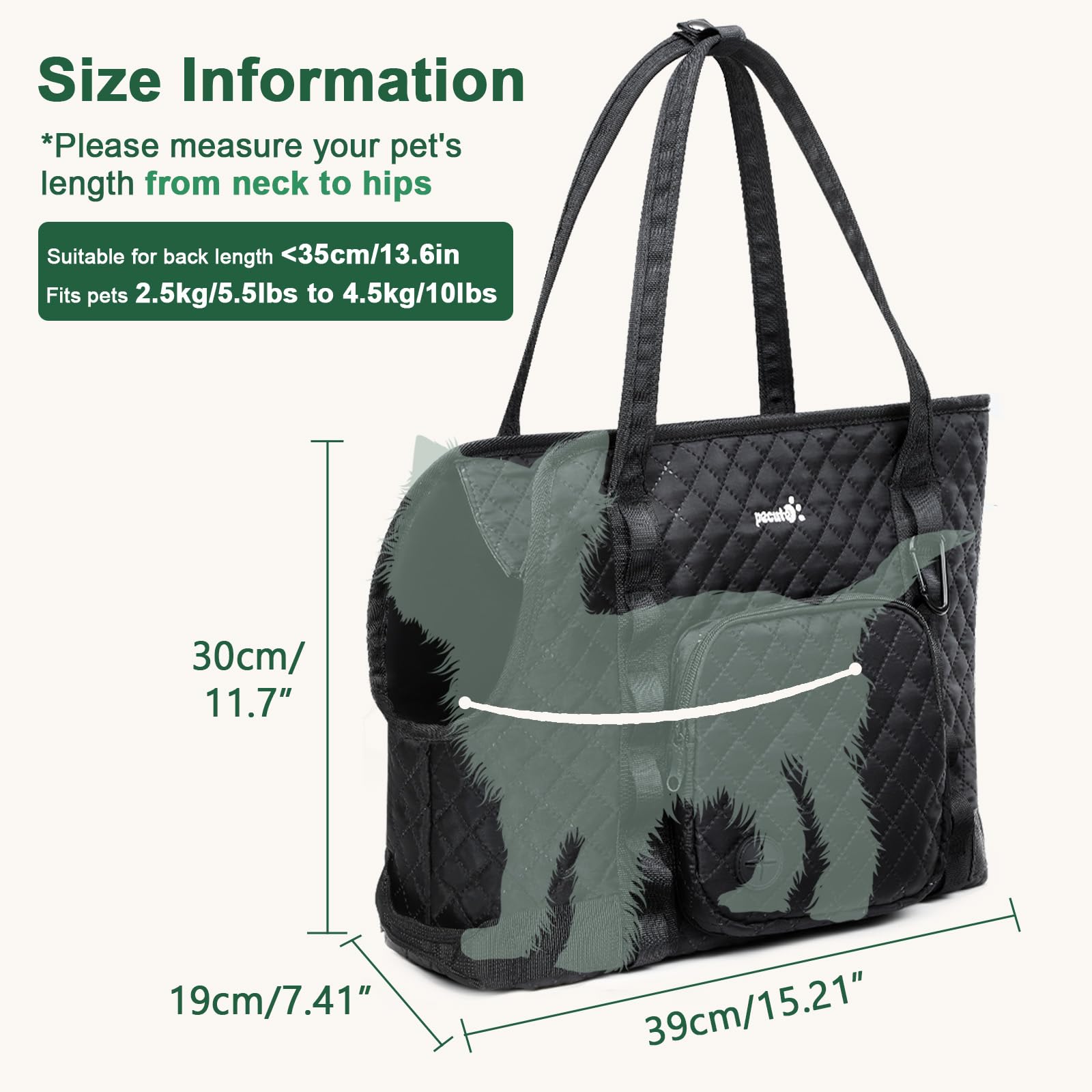 Pecute dog purse carrier side view showing slim profile for underarm carry