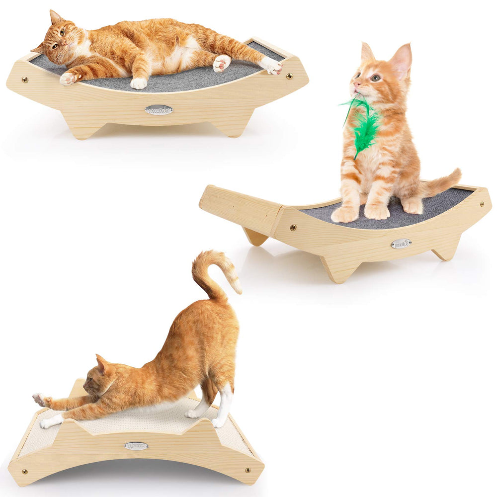 Pecute double-sided cat scratcher side view highlights natural sisal and lounging-ready carpet.
