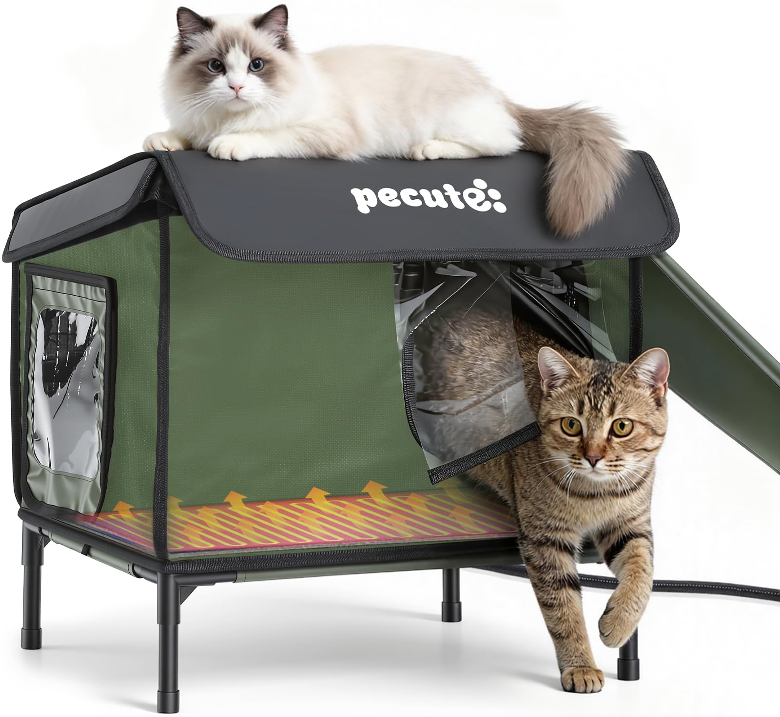 Pecute heated outdoor cat house front view shows weatherproof shelter for winter warmth.
