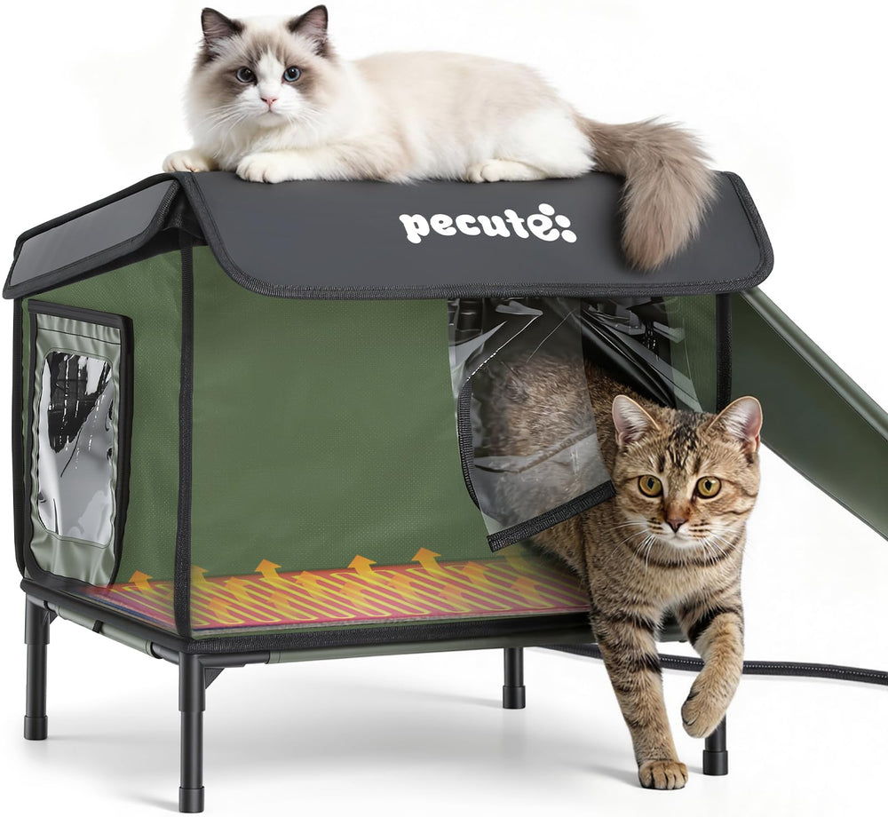 Pecute heated outdoor cat house front view shows weatherproof shelter for winter warmth.