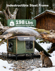 Pecute raised-floor design keeps paws dry by lifting from damp ground.