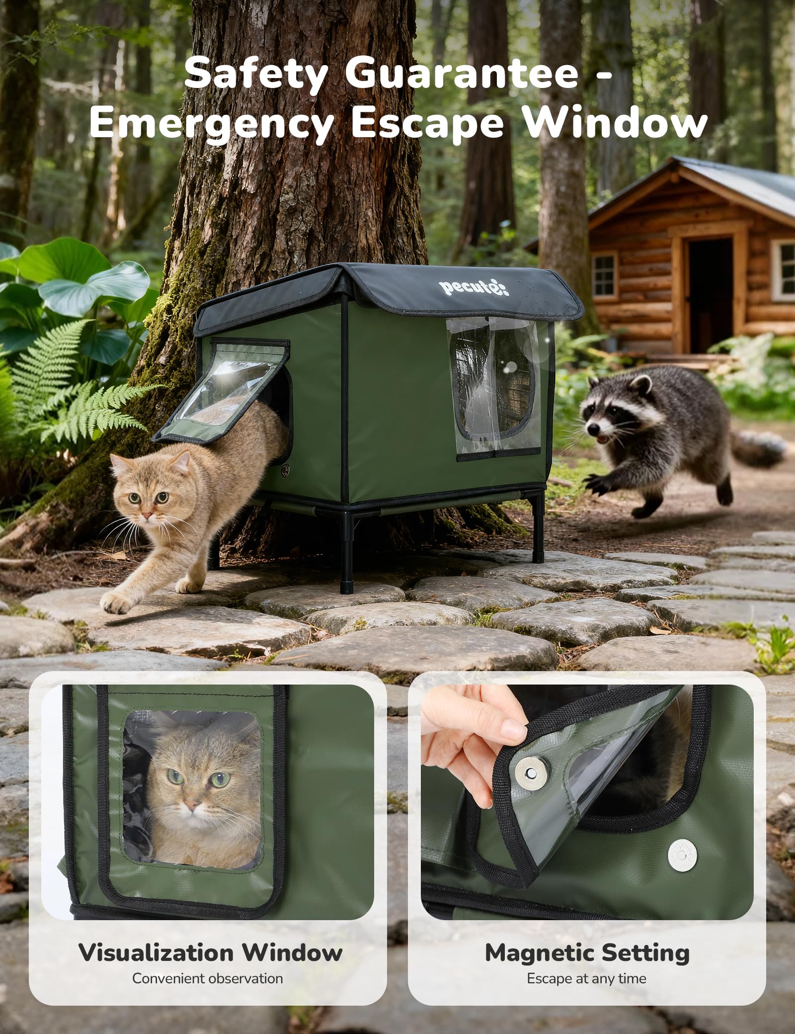 Pecute weatherproof wiring and sloped roof prevent water pooling.
