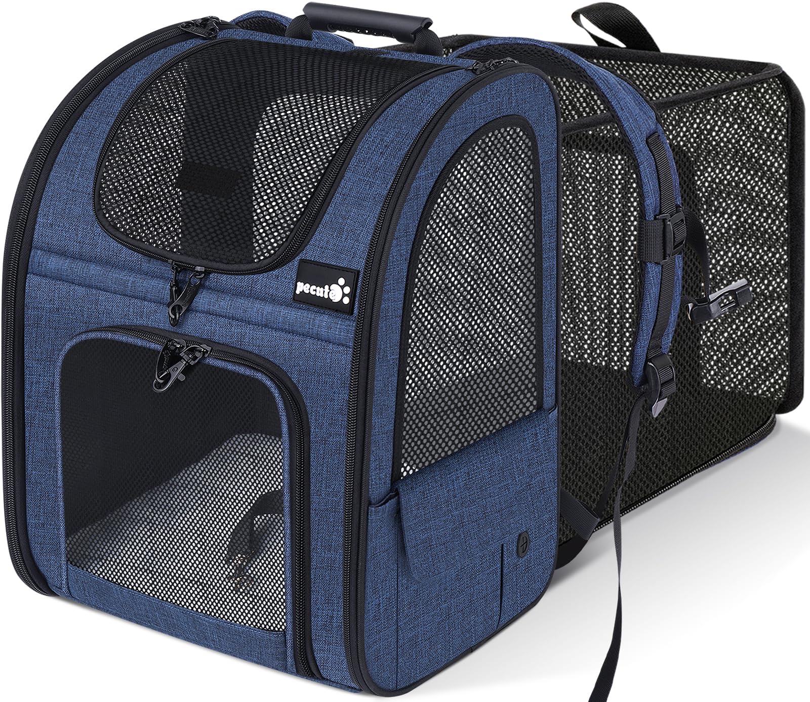 Pecute pet carrier backpack expanded view showing extra space for pets during travel.