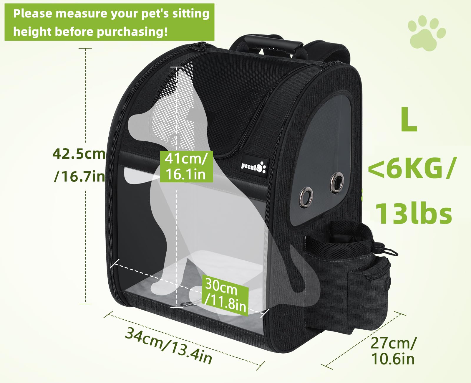 Pecute pet carrier backpack expanded back panel for extra space and airflow