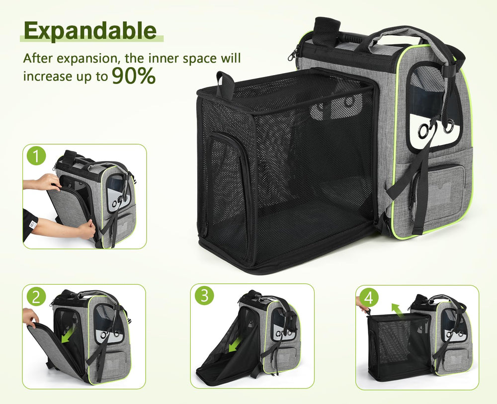 Pecute carrier in use during travel or hiking with pets.