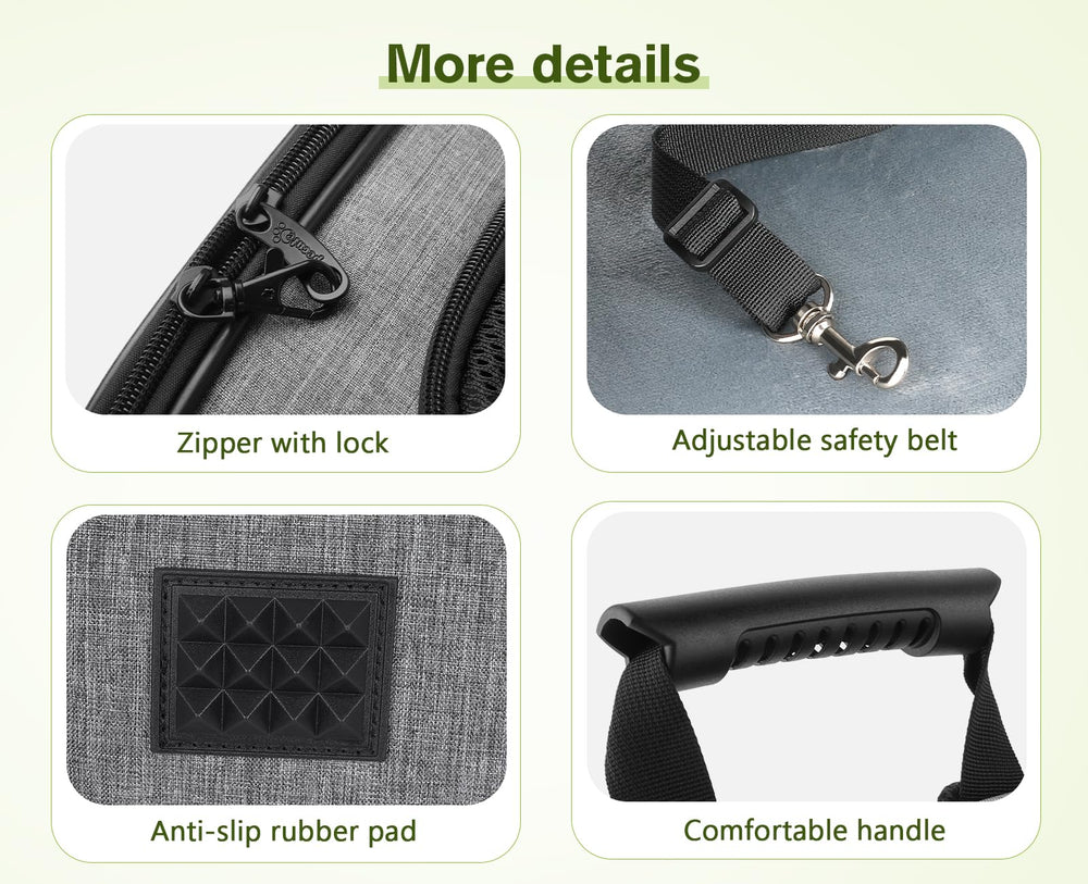 Pecute safety belts and buckled zippers prevent escapes during travel.