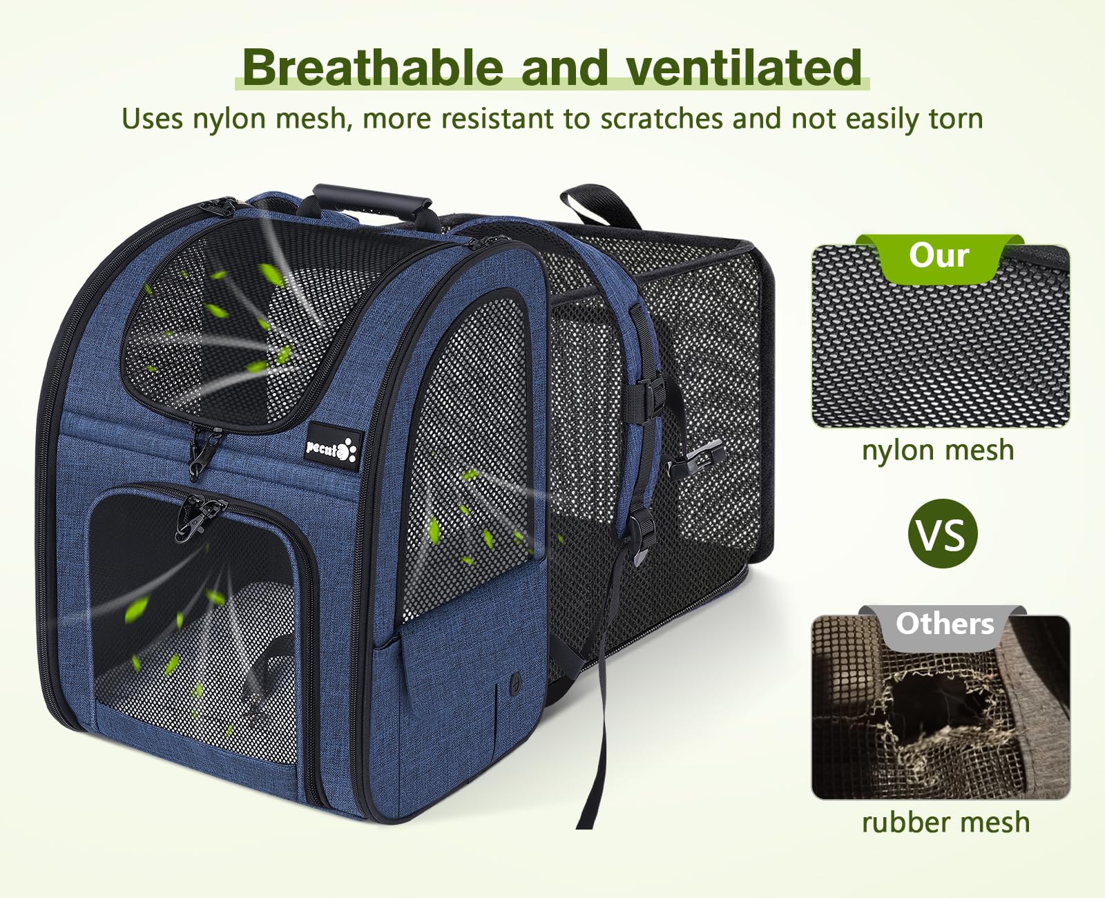 Pecute safety zipper and retractable hook prevent escapes during outings.