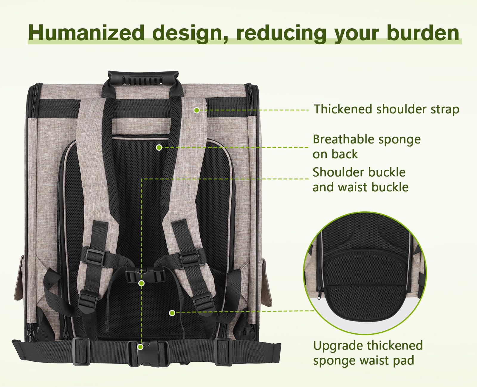 Pecute padded shoulder straps highlight comfortable carrying for long journeys.