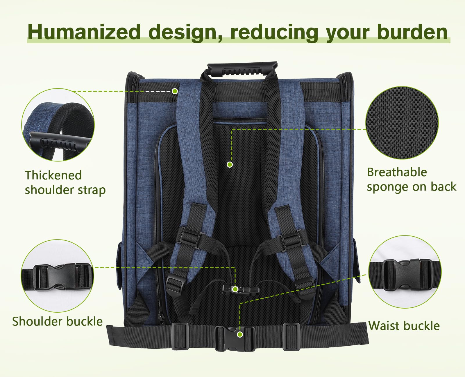 Pecute backpack side pockets store food, bags, and essentials.