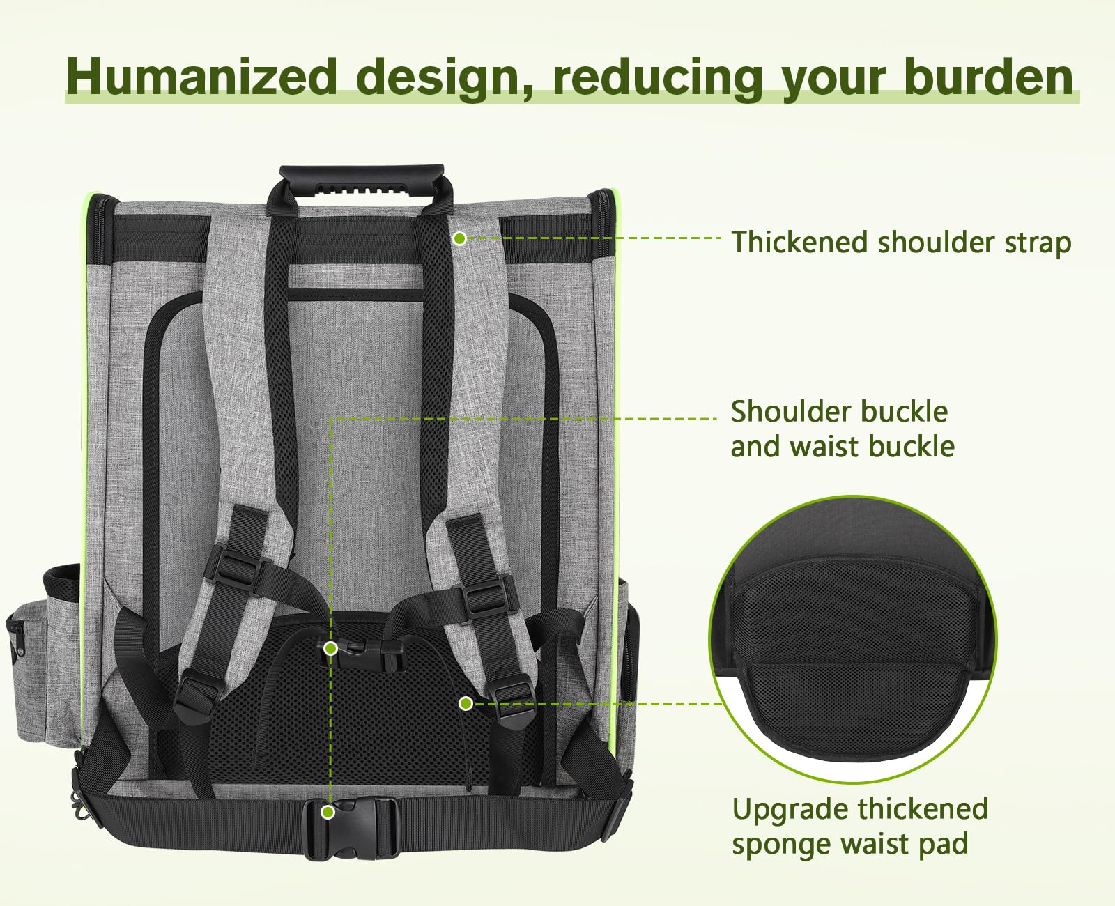 Pecute backpack side pockets hold water, treats, and accessories.