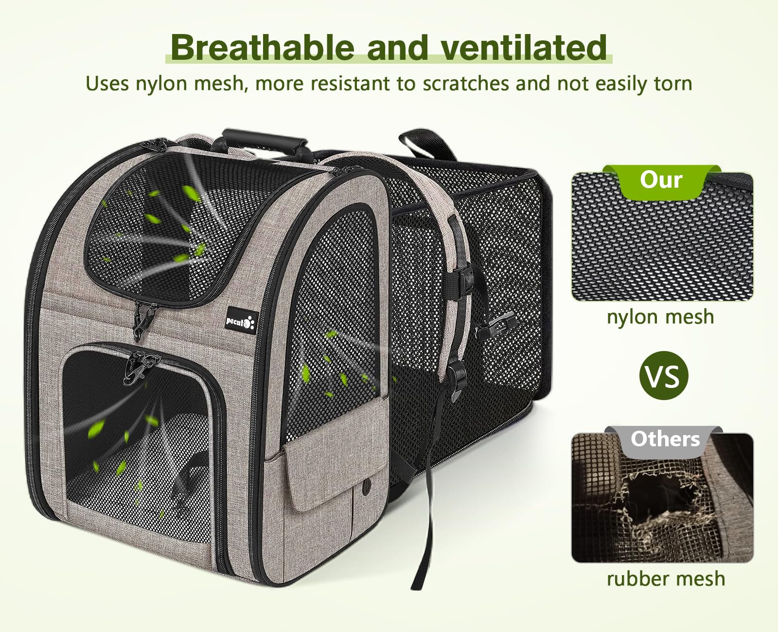 Pecute carrier with four-side mesh ventilation for breathable comfort.