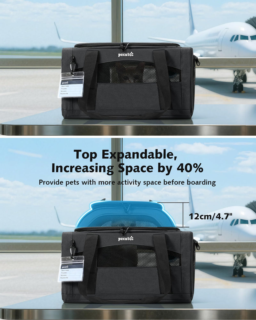 Pecute carrier with breathable mesh windows provides ventilation and easy monitoring.