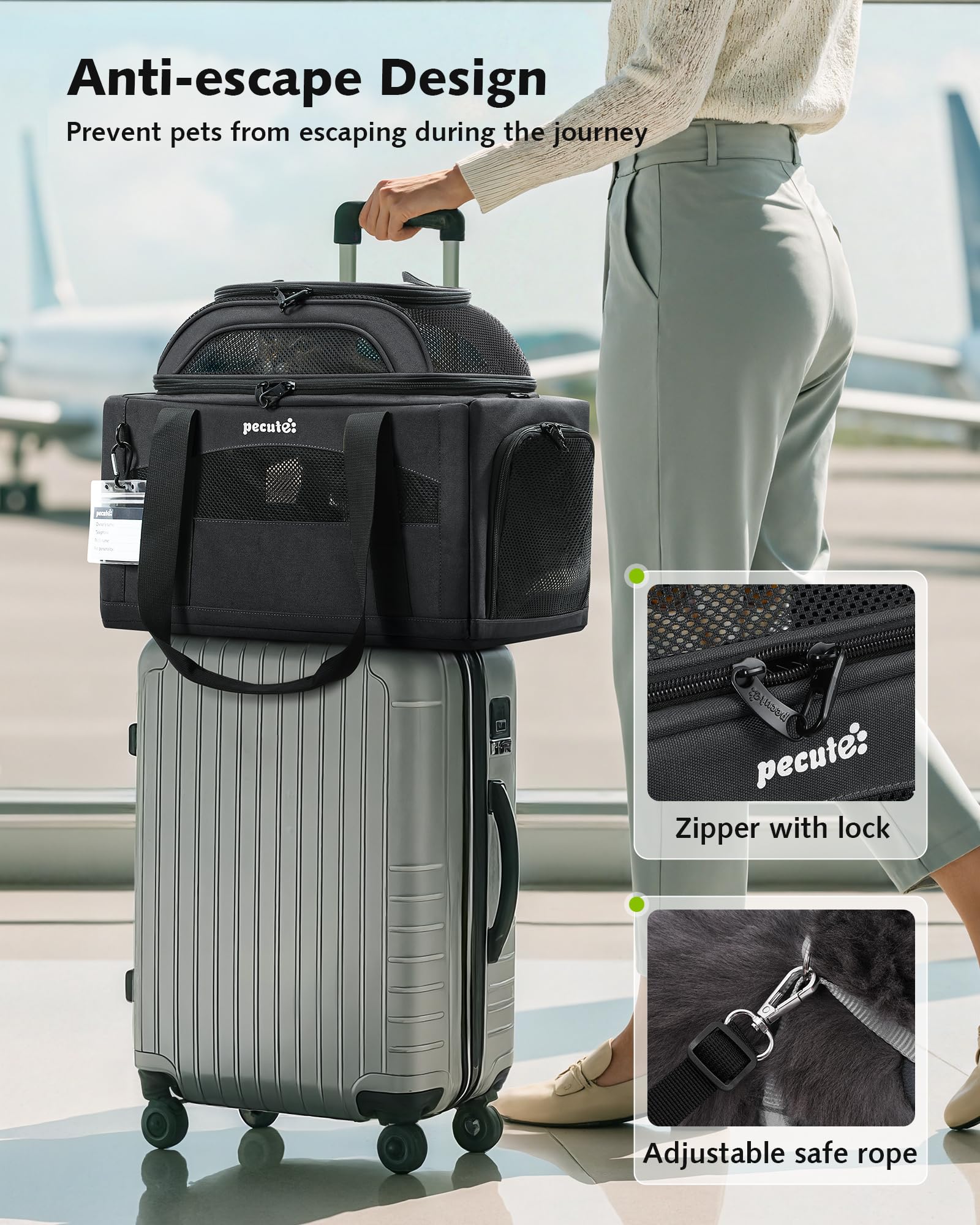 Pecute carrier includes leak-proof pee pad to prevent accidents on the go.