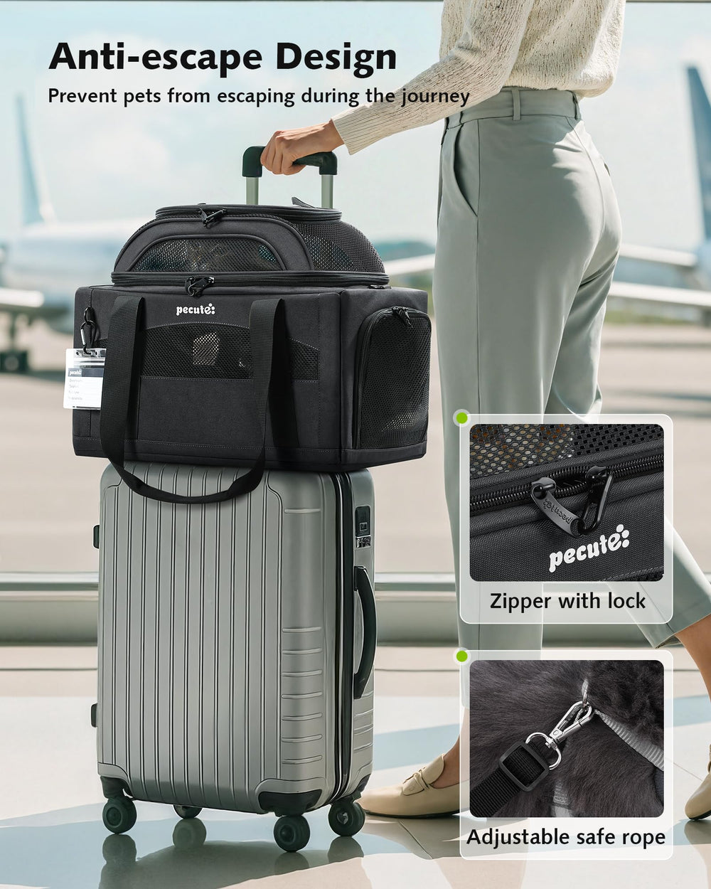 Pecute carrier includes leak-proof pee pad to prevent accidents on the go.