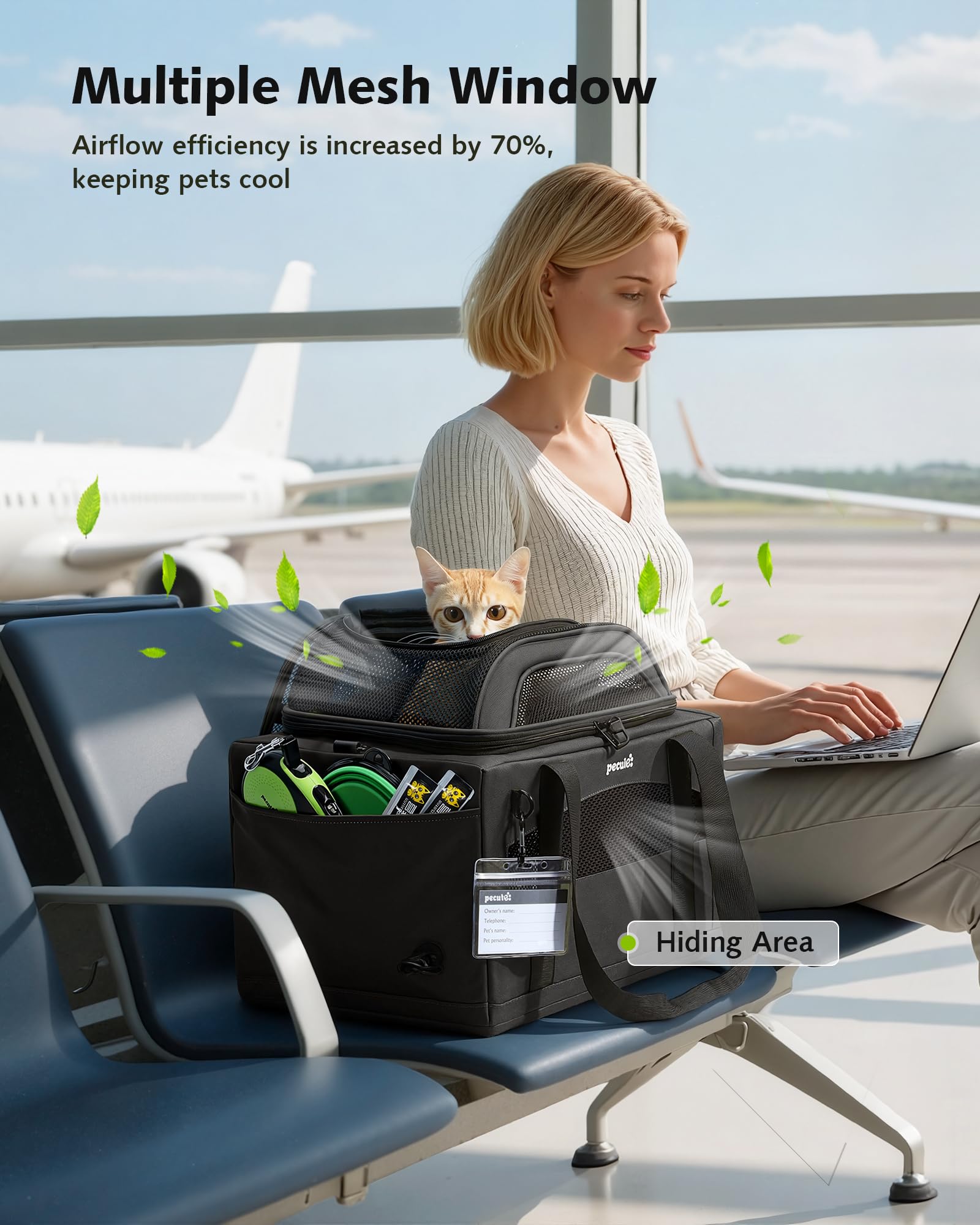 Pecute carrier side storage pocket keeps essentials handy during transit.