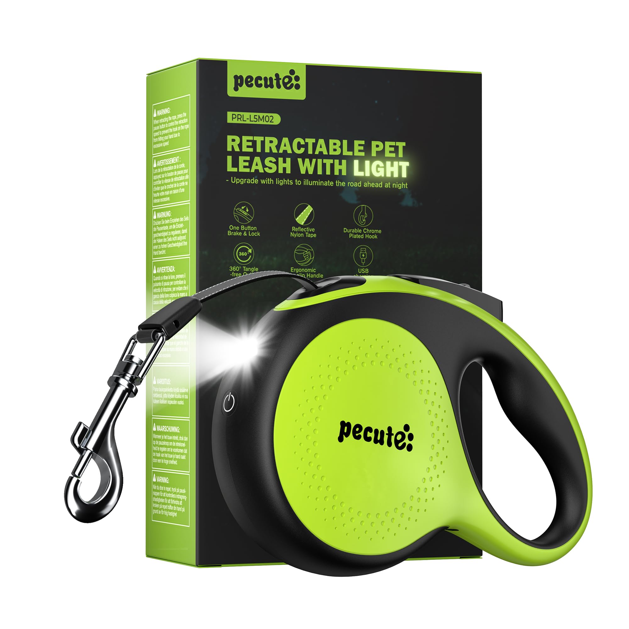 Pecute retractable leash light front angle highlights 50-lumen brightness for safer night walks