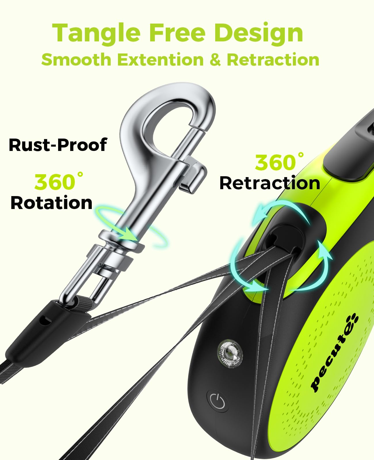 Pecute retractable leash light two sizes fit dogs up to 66 or up to 110 pounds