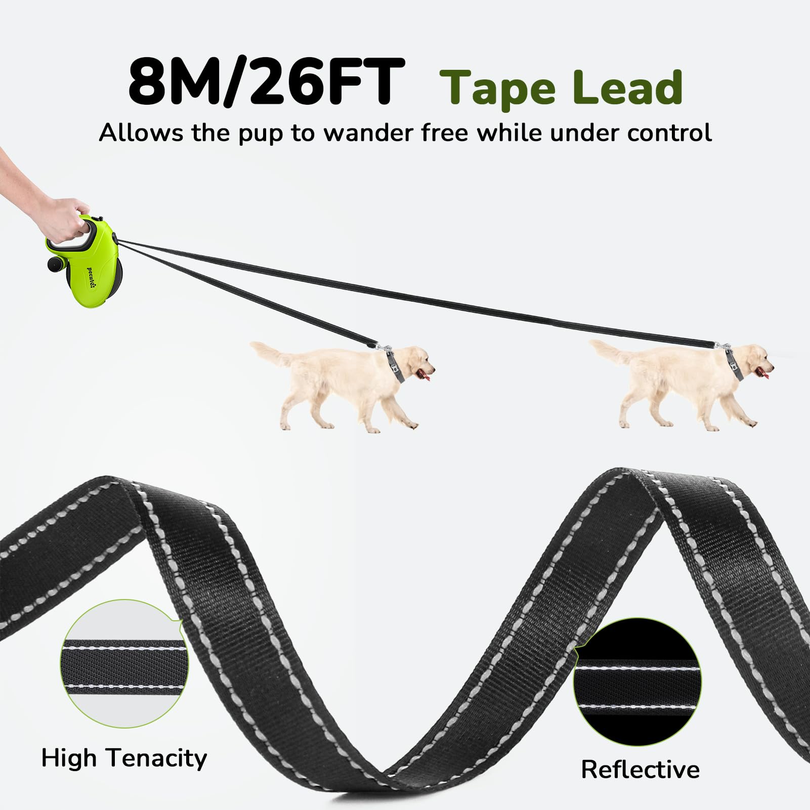 Pecute retractable leash shows reflective strips for enhanced visibility during dusk walks.