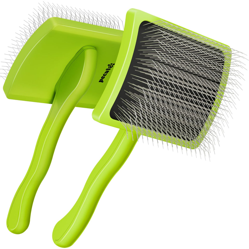 Pecute Slicker Brush being used on a dense-coat dog for grooming