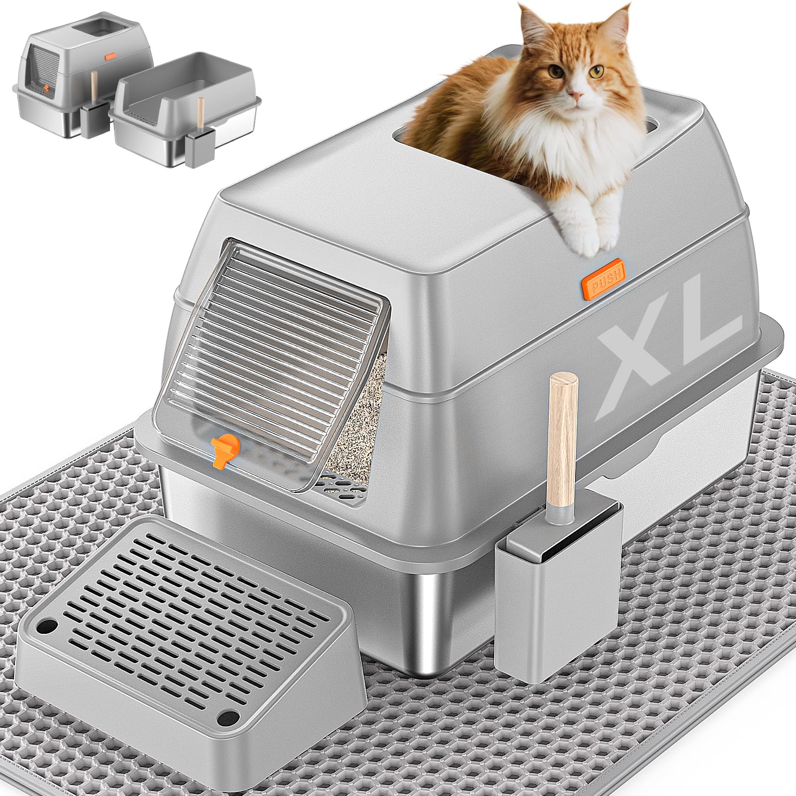 PEDIBAT stainless steel cat litter box front view with high sides for containment