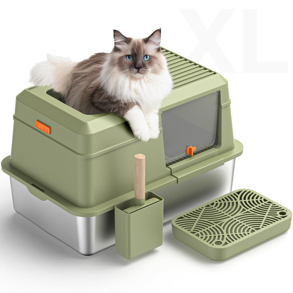 PEDIBAT stainless steel cat litter box green with spacious interior for large cats and comfort.