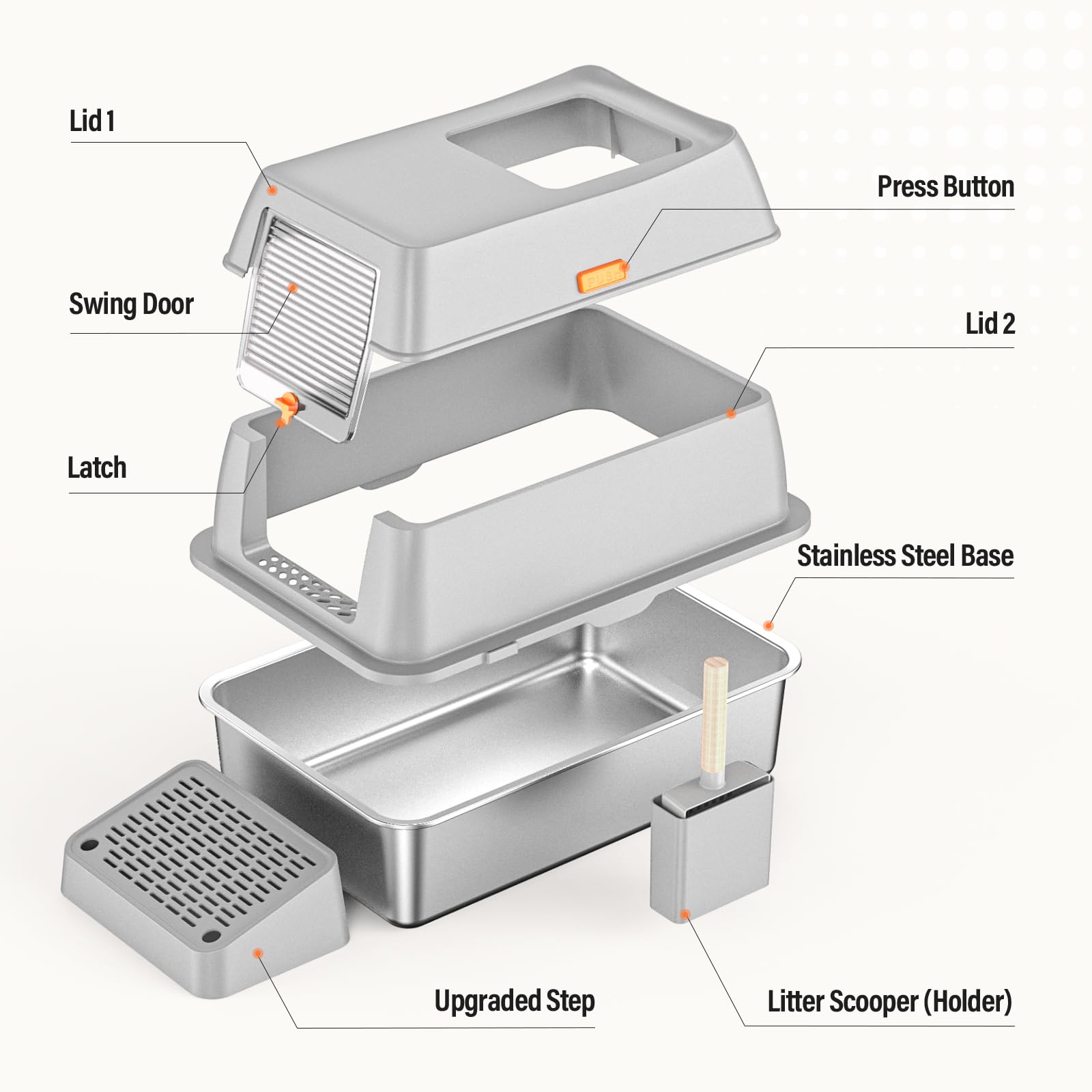 PEDIBAT stainless steel litter box side view emphasizes generous interior and spill resistance