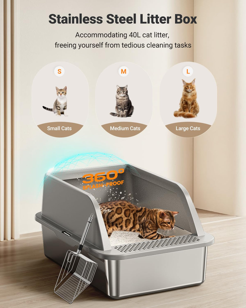 PEDIBAT XL stainless steel litter box interior highlights easy-clean steel basin.