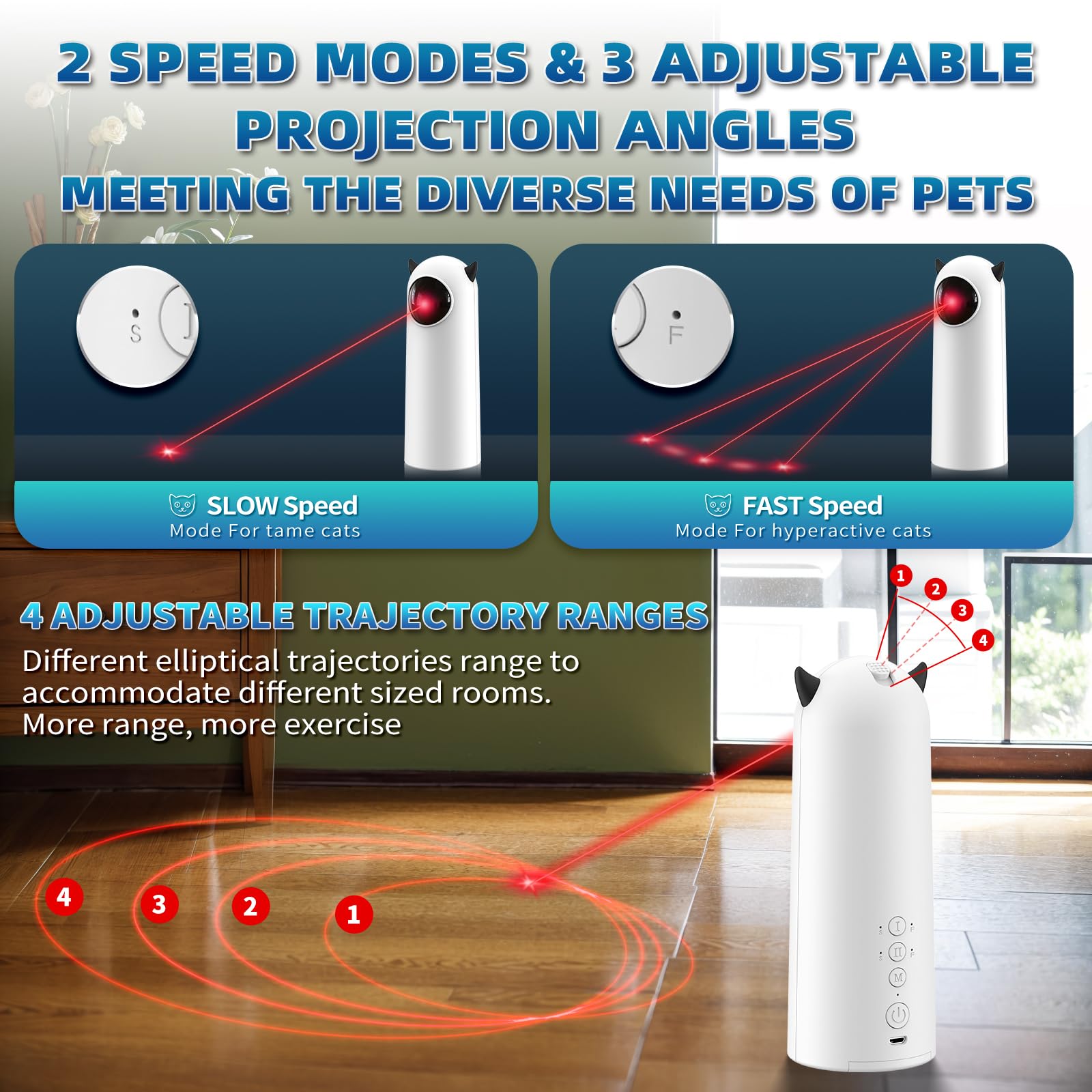 Pedono laser cat toy battery-powered option for portable play sessions.