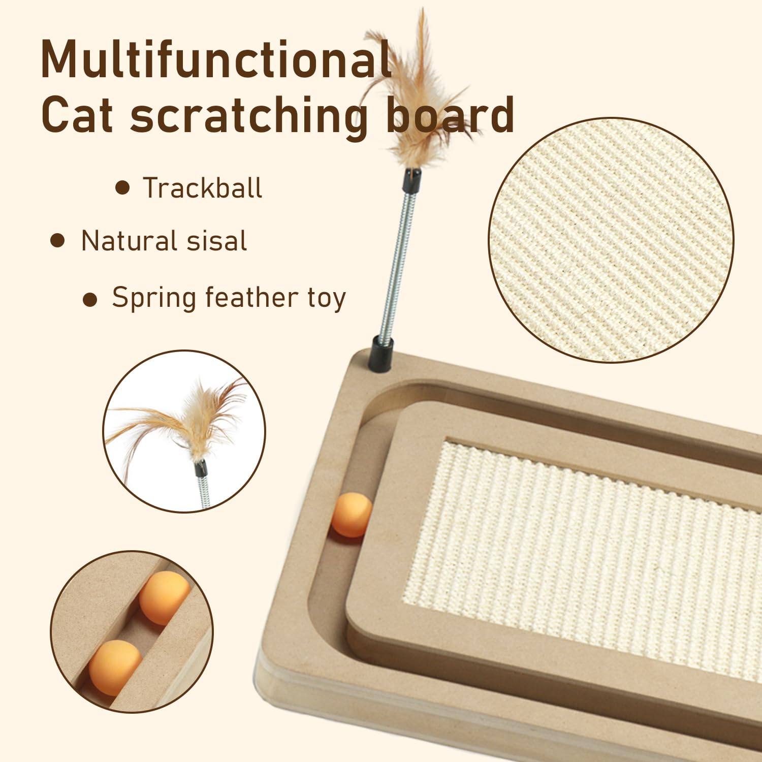PEEKAB cat scratcher track-ball engages active cats for interactive play.