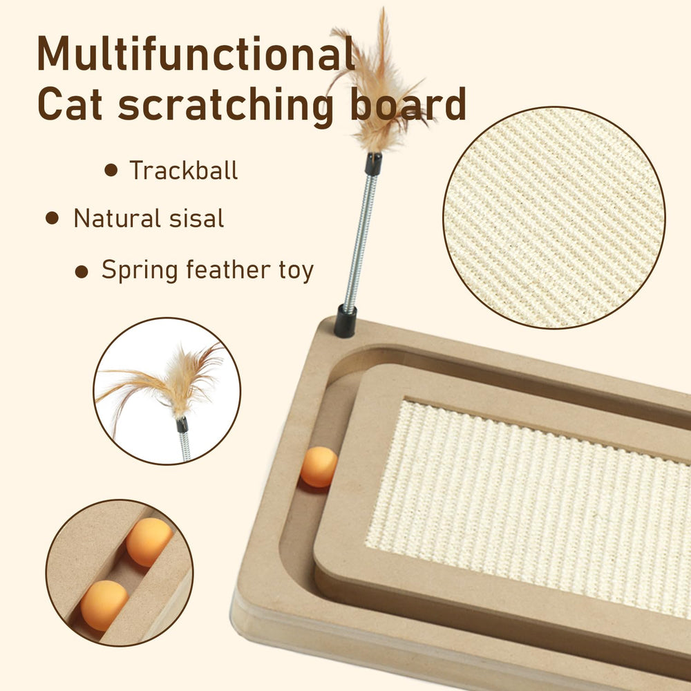 PEEKAB cat scratcher track-ball engages active cats for interactive play.