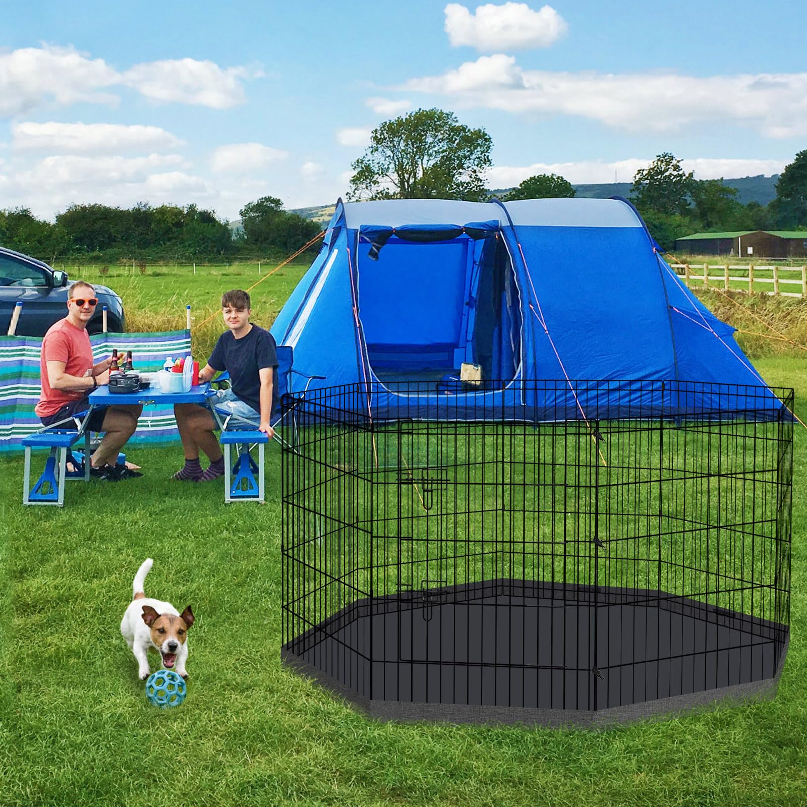 Peekaboo dog pen bottom pad cushions naps and protects floors.
