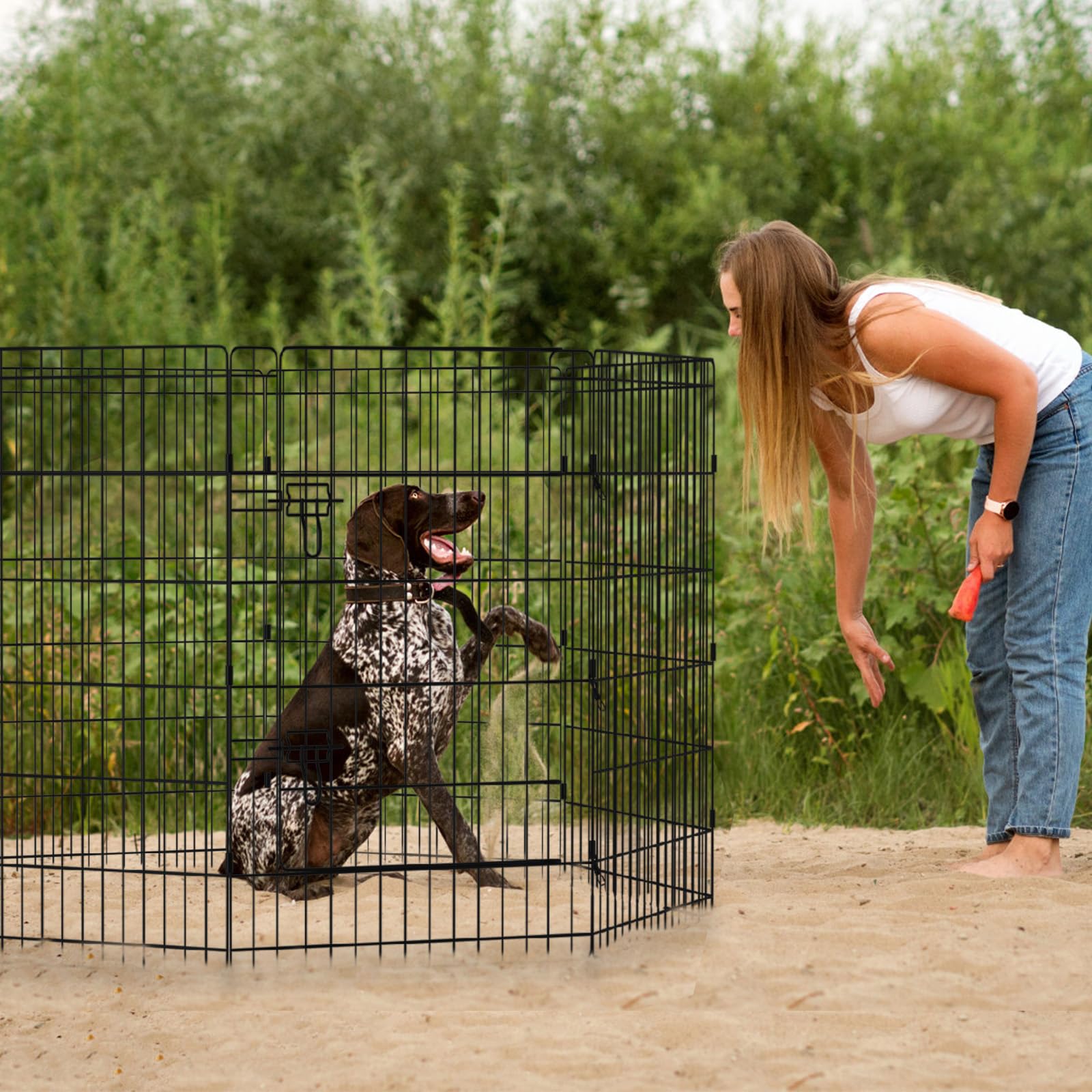Peekaboo dog pen close-up of rust-resistant metal wires for long-lasting use.