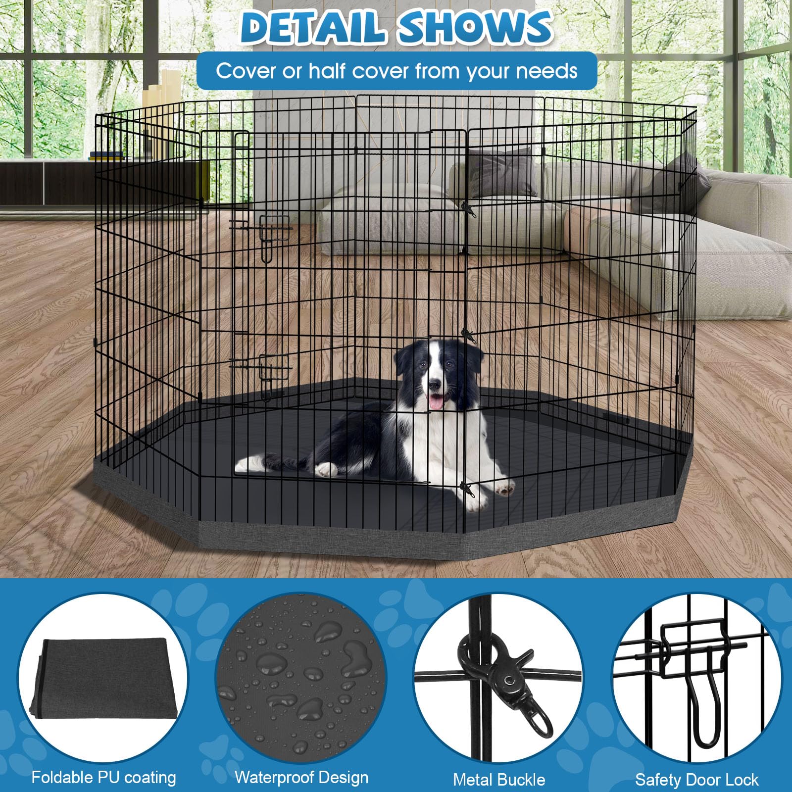 Peekaboo dog pen ground stakes keep the enclosure secure on outdoor surfaces.